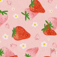 a pink background with strawberries and daisies