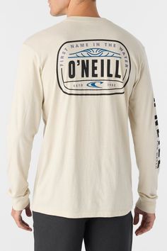 a man wearing a white long sleeve shirt with the words o'neil on it