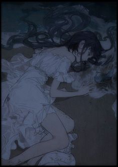 a drawing of a woman laying on the ground with her hair blowing in the wind