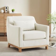 a white chair sitting on top of a carpeted floor