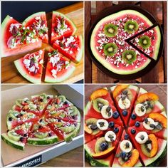 there are four different types of fruit pizzas in this collage, one is watermelon and the other is kiwi