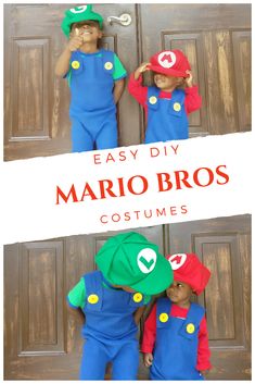 two children wearing mario bros costumes with the title easy diy mario bros costumes over them