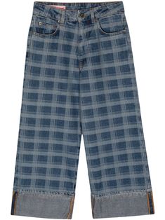 blue cotton denim check print mid-rise wide leg rolled hem front button and zip fastening belt loops classic five pockets logo patch to the rear Latest Jeans, Rolled Hem, Wide Leg Denim, Cropped Jeans, Wide Leg Jeans, Patch Logo, Straight Leg Jeans, Leg Jeans, White Jeans