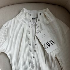 Zara White Bodysuit. New With Tags! No Damages Or Stains. Affordable Fitted Zara Sweater, White Bodysuit, Zara White, Zara Tops, Color White, Zara, Womens Tops, Tags, Women Shopping