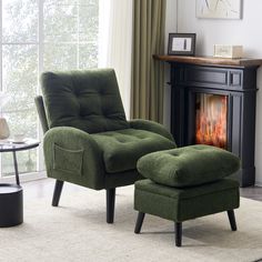 a green chair and ottoman in front of a fireplace