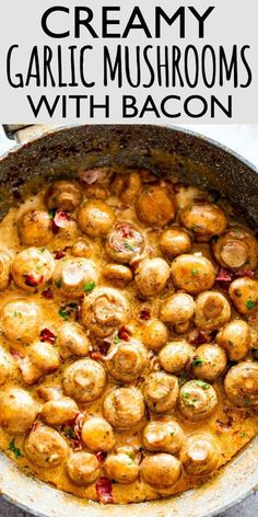 creamy garlic mushrooms with bacon in a skillet on the stove for an easy dinner