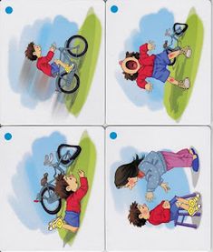 four cartoon pictures of people riding bicycles