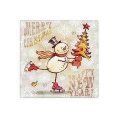 a christmas card with a snowman skating next to a tree and other holiday decorations