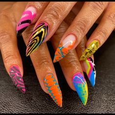 Studio SIXTY12 -Myia Mitchell (@studiosixty12) • Instagram photos and videos Pink Orange And Purple Nails, Pedi Inspiration, Fierce Nails, Spirit Fingers, Flame Nail Art, Neon Acrylic Nails, Colors Nails, Nails Colorful, Abstract Nails