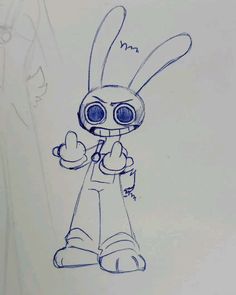 a drawing of a cartoon bunny with big eyes holding a small object in his hand