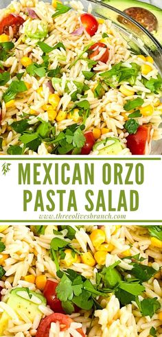 mexican orzo pasta salad in a glass bowl