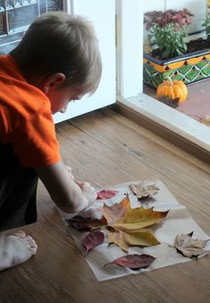 a young boy is playing with leaves on the floor