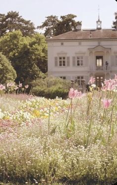 a large white house sitting in the middle of a lush green field filled with flowers