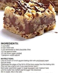 a recipe for chocolate peanut butter bars on a white background with information about the ingredients