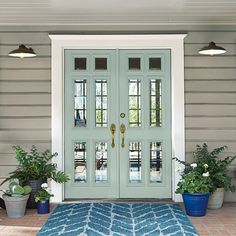 a blue front door with two potted plants on the side and an area rug