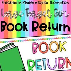 a book return sign with an open book on it and rainbow stripes in the background