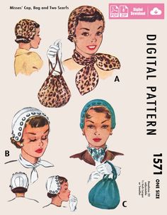 "Vintage sewing pattern from 1950.  McCall's 1571 This is a gorgeous set of patterns. It comes with Cap, Bag, & Scarf.  Pattern Size: One Size The Cap is a size 22\", but can be adjusted 1/2\" to maker it larger or smaller. E-PATTERN :: download and print at home on US Letter or A4 size paper (19 tile pages + instructions). Also includes A0 paper size for copy shop printer/plotter.  All pattern pieces are at full scale. INSTANT DIGITAL DOWNLOAD- ZIP & PDF FILE FORMAT When you purchase this listi Scarf Sewing Pattern, 1950s Hats, 1950s Sewing Patterns, Crafts Sewing Patterns, Hat Patterns To Sew, Cap Patterns, Look Retro, Mccalls Sewing Patterns, Motif Vintage