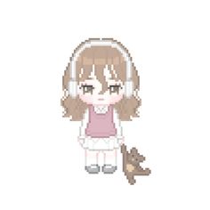 a pixellated girl with headphones and a dog