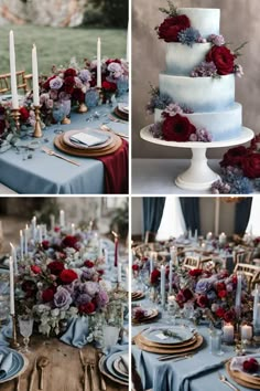 the table is set with blue linens, red and white flowers, candles, and plates