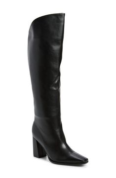 A square toe and angled shaft lend geometric intrigue to a streamlined boot done in faux leather. Side zip closure Synthetic upper, lining and sole Imported Asian & Pacific Islander Owned/Founded Square Toe Knee-high Boots With Leather Lining For Work, Sleek Leather-lined Knee-high Boots For Fall, Sleek Knee-high Boots With Leather Lining For Fall, Sleek Fall Knee-high Boots With Leather Lining, Square Toe Platform Boots For Formal Fall Events, Fitted Boots With Stacked Heel And Square Toe, Square Toe Boots With Zipper Closure, Chic Leather Mid-calf Boots, Chic Tall Leather Mid-calf Boots