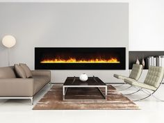 a living room filled with furniture and a fire burning in the wall above it's fireplace