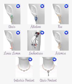 the different types of necklaces are shown in this image, including an earring