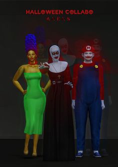 three people dressed in halloween costumes standing next to each other with the caption hallowen collabo