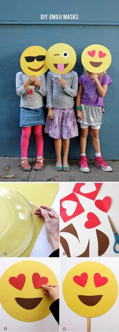 three girls standing next to each other with paper faces on them and the words diy emoji masks