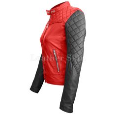 Another classic, this women red leather jacket with black sleeves is a definite must-have for this winter season. The sheer class and a premium look and feel exude brilliance, attention to detail and a contemporary take on modern fusion in leather jackets. Made with 100% high quality, genuine leather, the jacket is designed to complement a whole bunch of different outfits. You can wear it with your jeans and t-shirt, a blouse, a skirt, and a party dress. The versatility of the jacket in terms of a fashion statement makes an essential addition to your wardrobe. Moreover, you can ever wear it in the fall! With Brando-styled notch lapels in the center and side zip, the jacket comes with a nice and shiny gleam and a deep matte finish. The jacket also comes with zipped sleeves and has one ribbo Fitted Red Biker Jacket, Red Fitted Biker Leather Jacket, Trendy Red Fitted Leather Jacket, Red Fitted Leather Jacket For Winter, Fitted Red Leather Jacket For Winter, Red Fitted Biker Jacket For Winter, Fitted Red Biker Jacket For Winter, Red Fitted Leather Biker Jacket, Fitted Red Leather Jacket