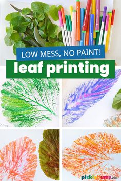 four pictures with the words low mess, no paint leaf printing and colored crayons