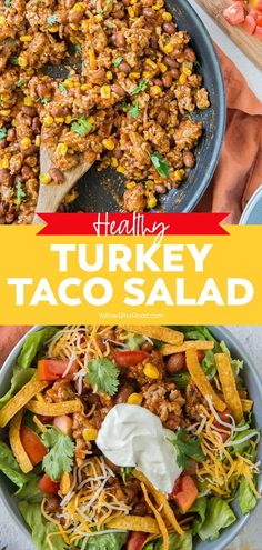 healthy turkey taco salad in a skillet with dressing and sour cream on the side