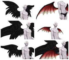 six different angles of an animated male with wings