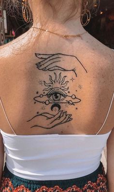 the back of a woman's neck with an all seeing eye tattoo on it