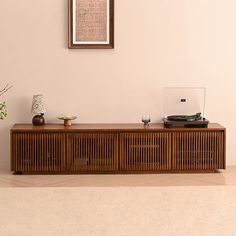 a record player sitting on top of a wooden cabinet next to a potted plant