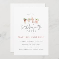 the bachelor party card is shown on top of a white table with pink flowers and potted plants