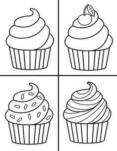 four cupcakes with different toppings coloring pages for kids to color and print