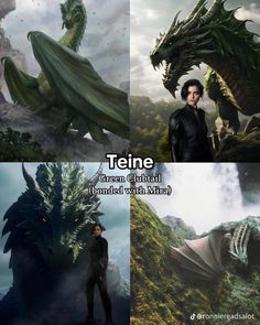 three pictures of the same character and their names in different scenes, one with a dragon on it's head