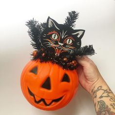 a hand holding an orange pumpkin with a black cat on it's head,