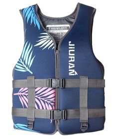 a life jacket with palm leaves on the front and side, in navy blue color