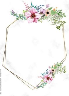 an octagonal frame with flowers and greenery in the middle on a white marble background