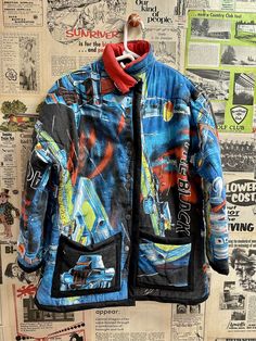 This coat is made from a vintage 1970’s Disneys The Black Hole sleeping bag. Hand crafted 90s Cotton Outerwear With Graphic Print, 90s Graphic Print Cotton Outerwear, The Black Hole, Painted Clothing, Painted Denim Jacket, Tapestry Blanket, Blanket Coat, Chore Coat, Leftover Fabric