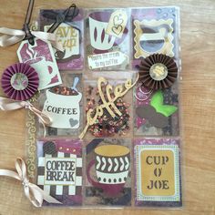 various cards with coffee related items on them and ribbons around the edges that spell out love