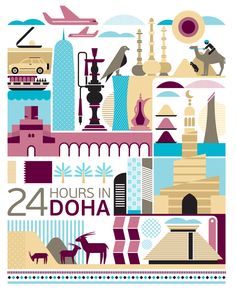 a poster with the words 24 hours in doha and various different types of buildings