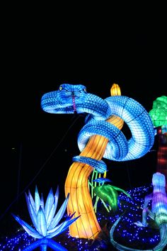 an elaborate display with lights and decorations in the dark