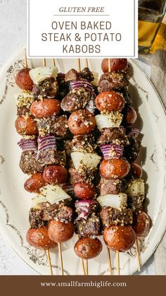 several skewered steak and potato kabobs on a white plate with text overlay