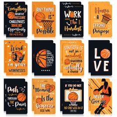 basketball themed coasters with the words, sayings and phrases in orange and black