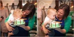 a woman holding a baby in front of a cake