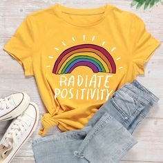 Brand New Bright Yellow Tee, Crew Neck And Short Sleeves! Positivity Graphic On Front! Positive Tees, Women Cartoon, Yellow Tees, Casual Summer Shorts, Casual Fall Outfits, Green Fashion, Short Sleeves Tops, Graphic Tee, Short Sleeve Tee