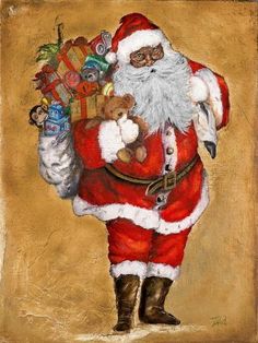 a painting of santa claus carrying presents