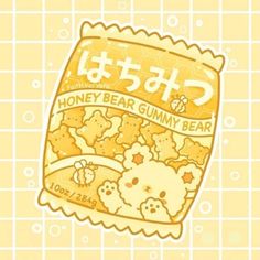 a honey bear gummy bear sticker on a yellow background with words written in japanese